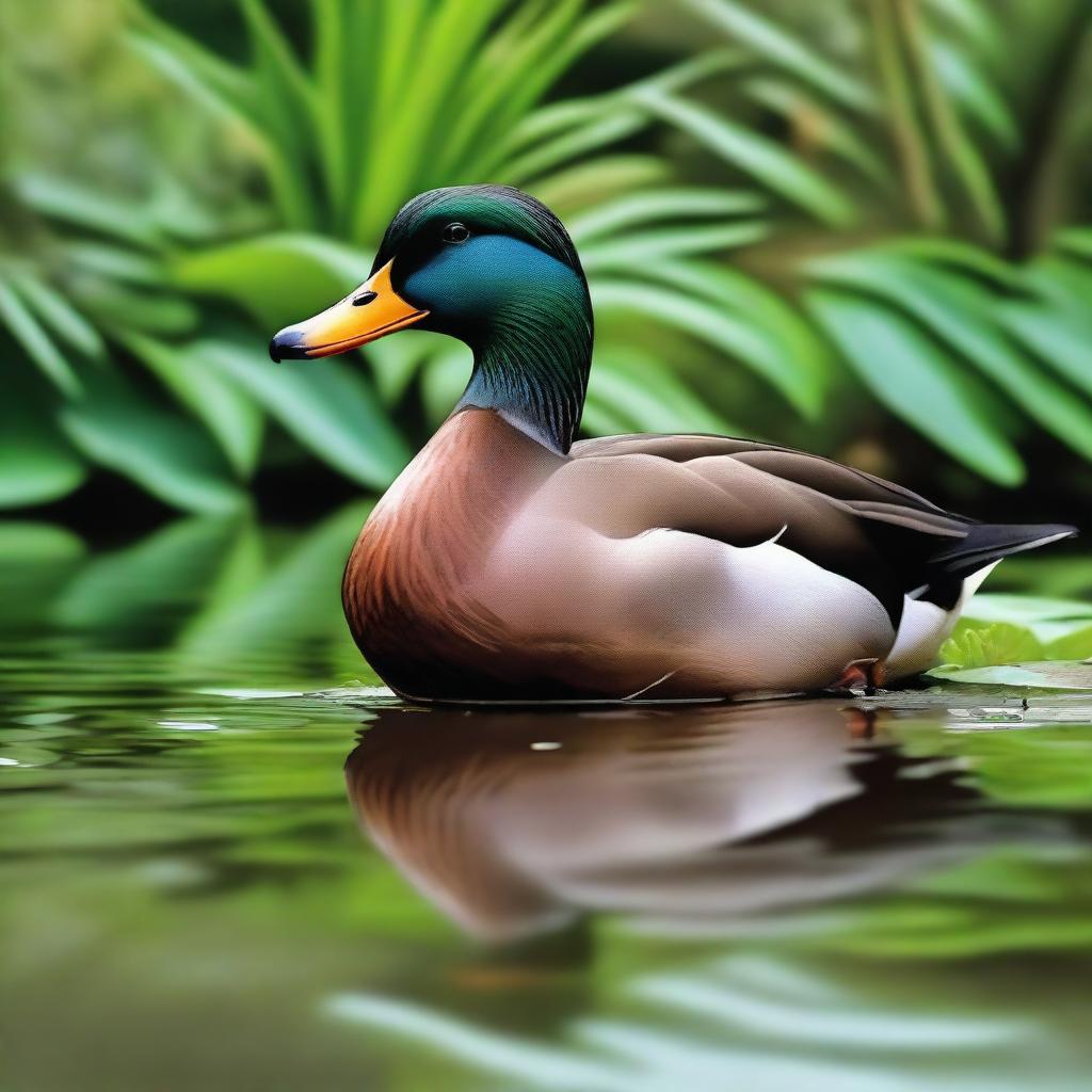 A realistic and detailed image of a duck standing by a pond with lush greenery in the background