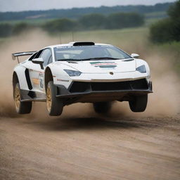 Lamborghini cars modified into rally cars, incorporating enhanced suspension, sturdy tires, and a design suitable for gravel, mud, and dirt circuit racing.