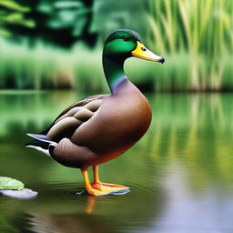 A realistic and detailed image of a duck standing by a pond with lush greenery in the background