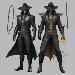 A human male vampire with medium-length straight black hair, a demon hunter wearing a suit similar to that in Assassin's Creed Rogue, and a hat similar to Erron Black from Mortal Kombat