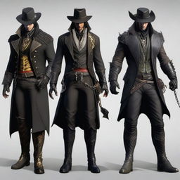 A human male vampire with medium-length straight black hair, a demon hunter wearing a suit similar to that in Assassin's Creed Rogue, and a hat similar to Erron Black from Mortal Kombat