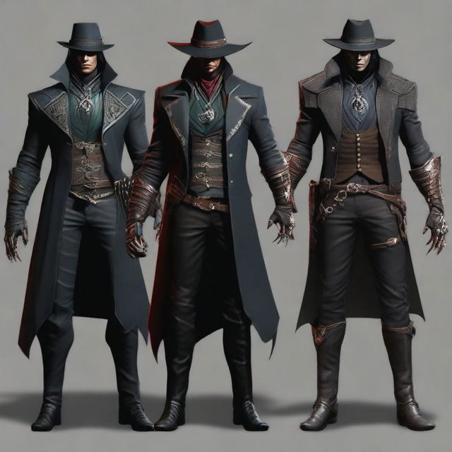 A human male vampire with medium-length straight black hair, a demon hunter wearing a suit similar to that in Assassin's Creed Rogue, and a hat similar to Erron Black from Mortal Kombat