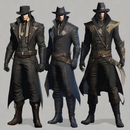 A human male vampire with medium-length straight black hair, a demon hunter wearing a suit similar to that in Assassin's Creed Rogue, and a hat similar to Erron Black from Mortal Kombat