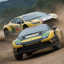 Lamborghini cars modified into rally cars, incorporating enhanced suspension, sturdy tires, and a design suitable for gravel, mud, and dirt circuit racing.