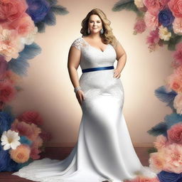 A beautiful white woman with a plus-size figure, wearing a stylish and elegant dress