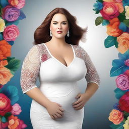 A beautiful white woman with a plus-size figure, wearing a stylish and elegant dress