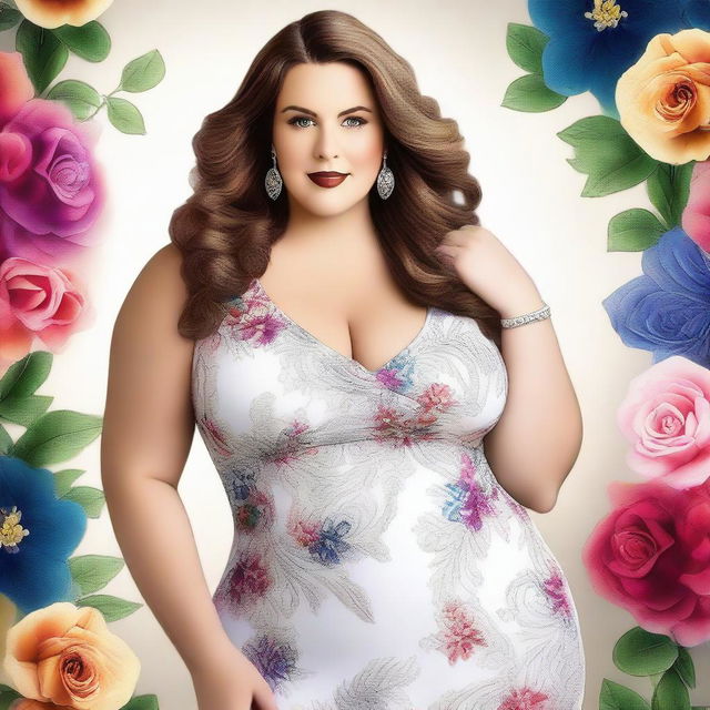 A beautiful white woman with a plus-size figure, wearing a stylish and elegant dress