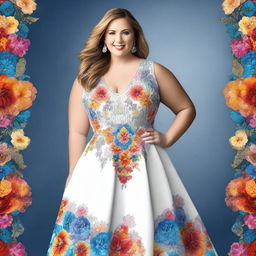 A beautiful white woman with a plus-size figure, wearing a stylish and elegant dress