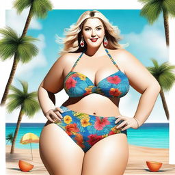 A beautiful white woman with a plus-size figure, wearing a stylish swimsuit