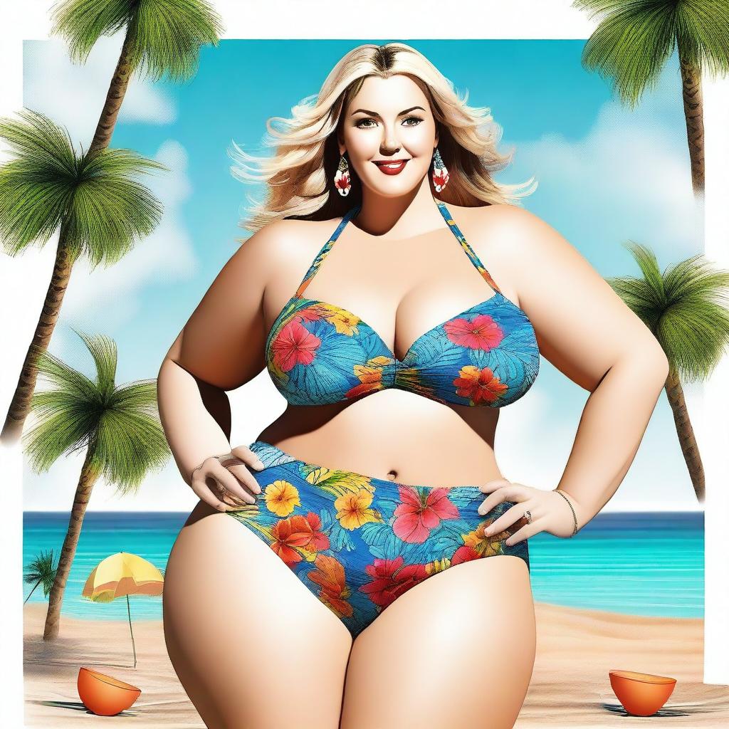 A beautiful white woman with a plus-size figure, wearing a stylish swimsuit