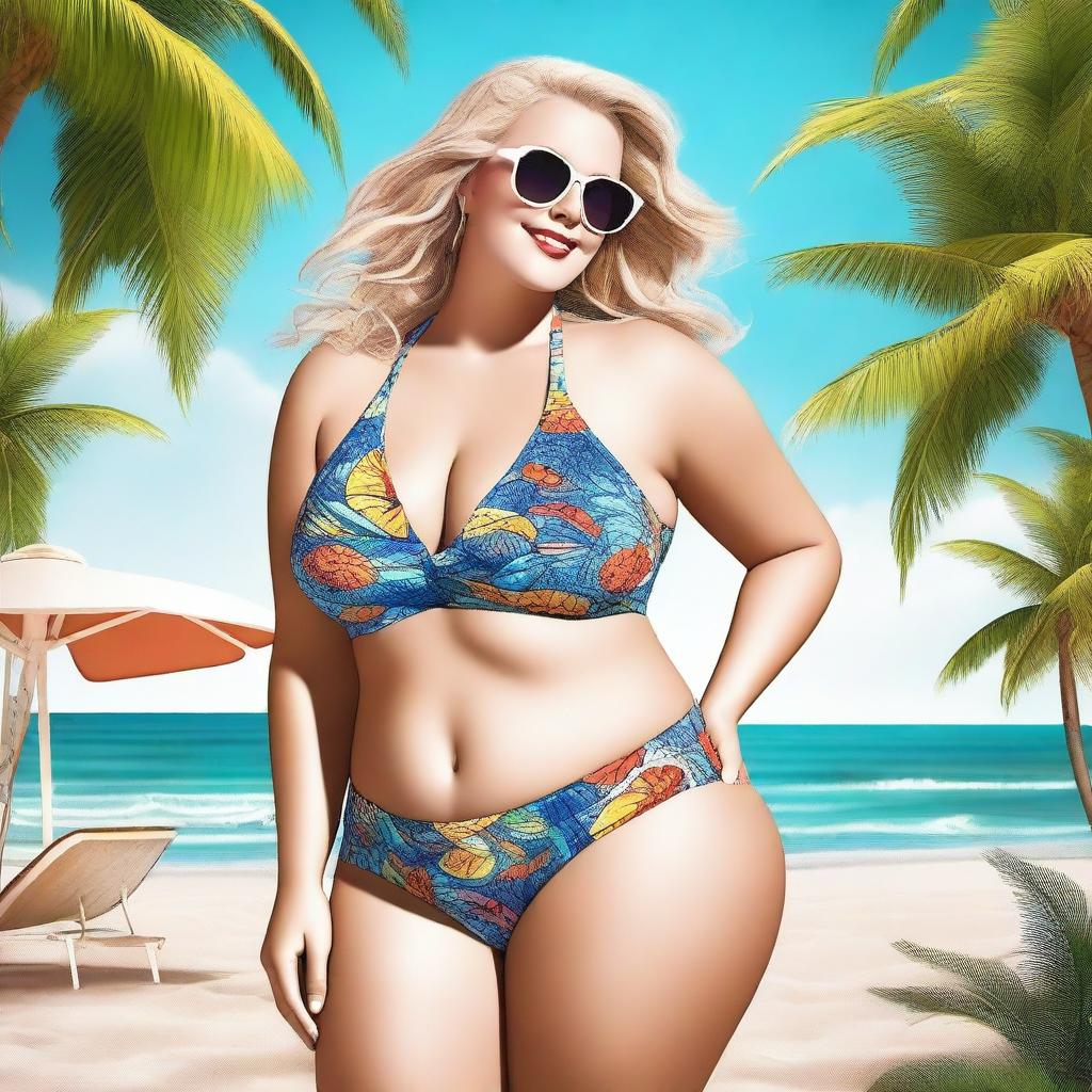 A beautiful white woman with a plus-size figure, wearing a stylish swimsuit