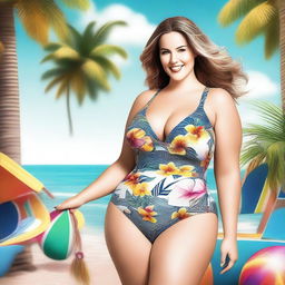 A beautiful white woman with a plus-size figure, wearing a stylish swimsuit