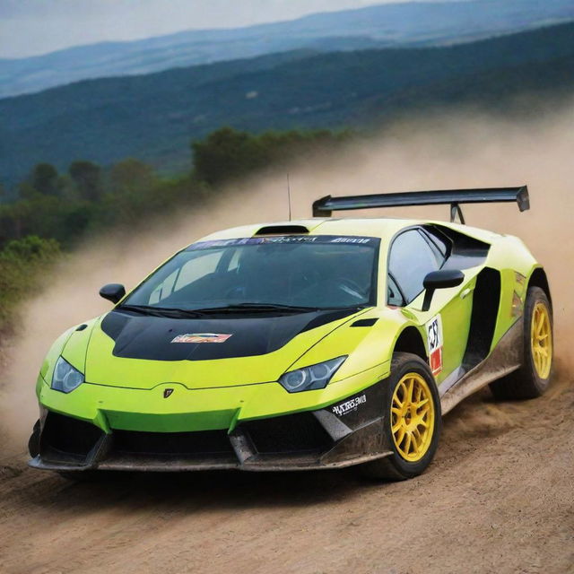 Lamborghini cars modified into rally cars, incorporating enhanced suspension, sturdy tires, and a design suitable for gravel, mud, and dirt circuit racing.