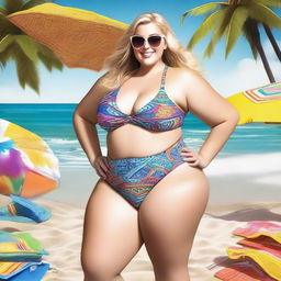 A beautiful white woman with a plus-size figure, wearing a stylish swimsuit