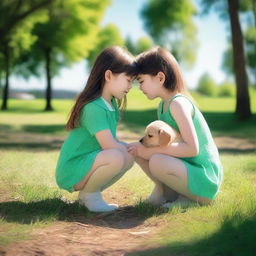 A girl in an ocean green minidress and pantyhose crouching down to cuddle a puppy in a sunny park