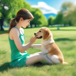 A girl in an ocean green minidress and pantyhose crouching down to cuddle a puppy in a sunny park