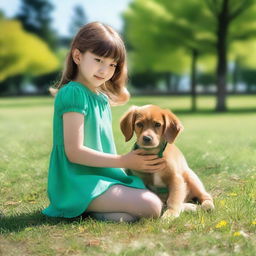 A girl in an ocean green minidress and pantyhose crouching down to cuddle a puppy in a sunny park