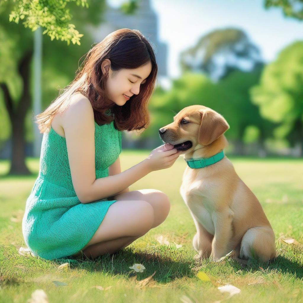 A girl in an ocean green minidress and pantyhose crouching down to cuddle a puppy in a sunny park