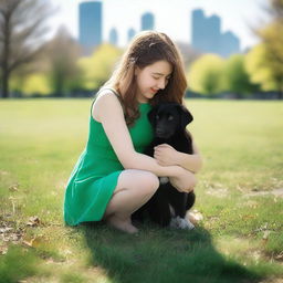 An 18-year-old woman in an ocean green minidress and black pantyhose crouching down to cuddle a puppy in a sunny park