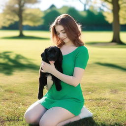 An 18-year-old woman in an ocean green minidress and black pantyhose crouching down to cuddle a puppy in a sunny park