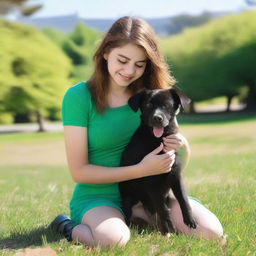 An 18-year-old woman in an ocean green minidress and black pantyhose crouching down to cuddle a puppy in a sunny park