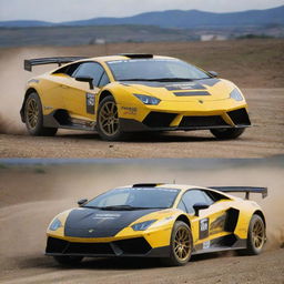 Lamborghini cars modified into rally cars, incorporating enhanced suspension, sturdy tires, and a design suitable for gravel, mud, and dirt circuit racing.