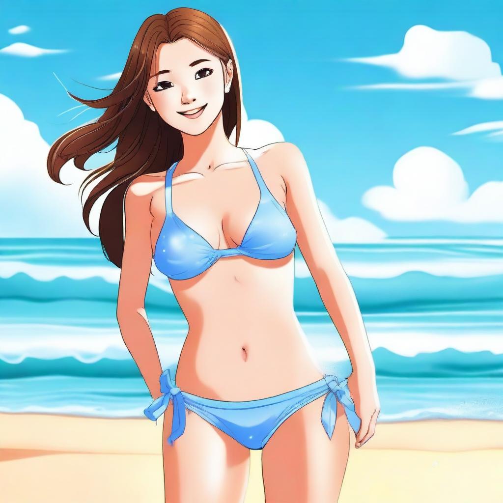 A cute girl with a warm and friendly expression, wearing a stylish bikini