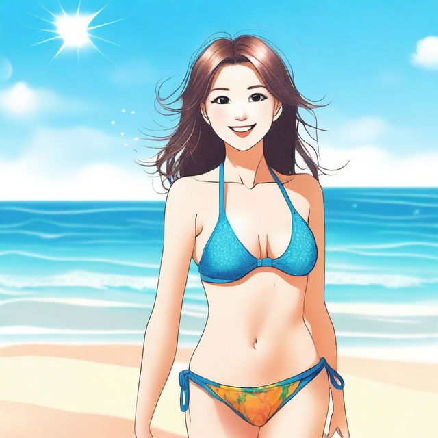 A cute girl with a warm and friendly expression, wearing a stylish bikini