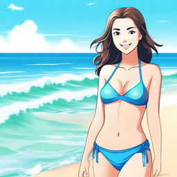 A cute girl with a warm and friendly expression, wearing a stylish bikini