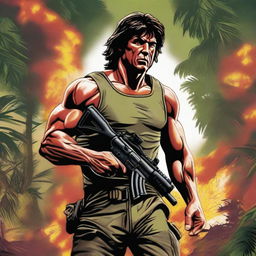 A detailed and intense illustration of Rambo, the iconic action hero, in a dynamic battle scene