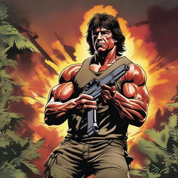 A detailed and intense illustration of Rambo, the iconic action hero, in a dynamic battle scene