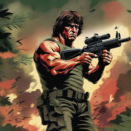 A detailed and intense illustration of Rambo, the iconic action hero, in a dynamic battle scene