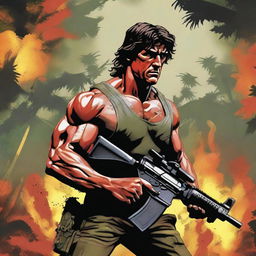 A detailed and intense illustration of Rambo, the iconic action hero, in a dynamic battle scene