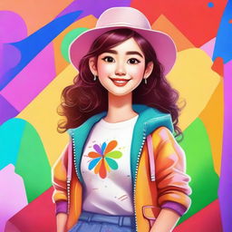 A realistic depiction of a cute girl with a warm and friendly expression, wearing trendy and fashionable clothes