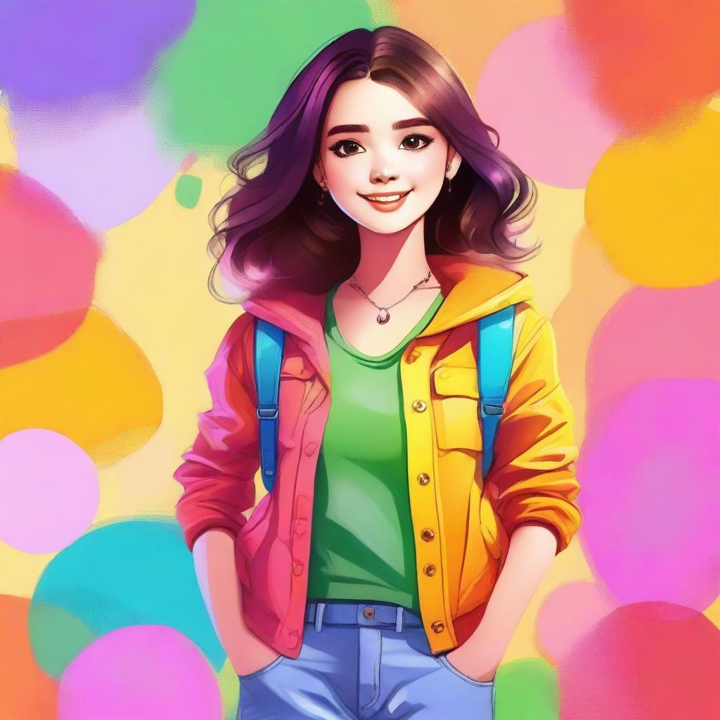 A realistic depiction of a cute girl with a warm and friendly expression, wearing trendy and fashionable clothes