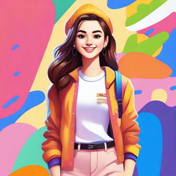 A realistic depiction of a cute girl with a warm and friendly expression, wearing trendy and fashionable clothes