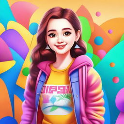 A realistic depiction of a cute girl with a warm and friendly expression, wearing trendy and fashionable clothes