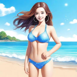 A highly realistic depiction of a cute girl with a warm and friendly expression, wearing a stylish bikini