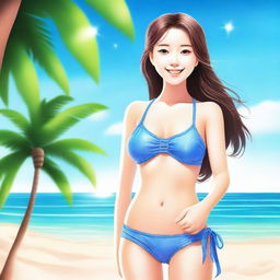 A highly realistic depiction of a cute girl with a warm and friendly expression, wearing a stylish bikini