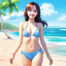 A highly realistic depiction of a cute girl with a warm and friendly expression, wearing a stylish bikini