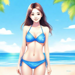 A highly realistic depiction of a cute girl with a warm and friendly expression, wearing a stylish bikini