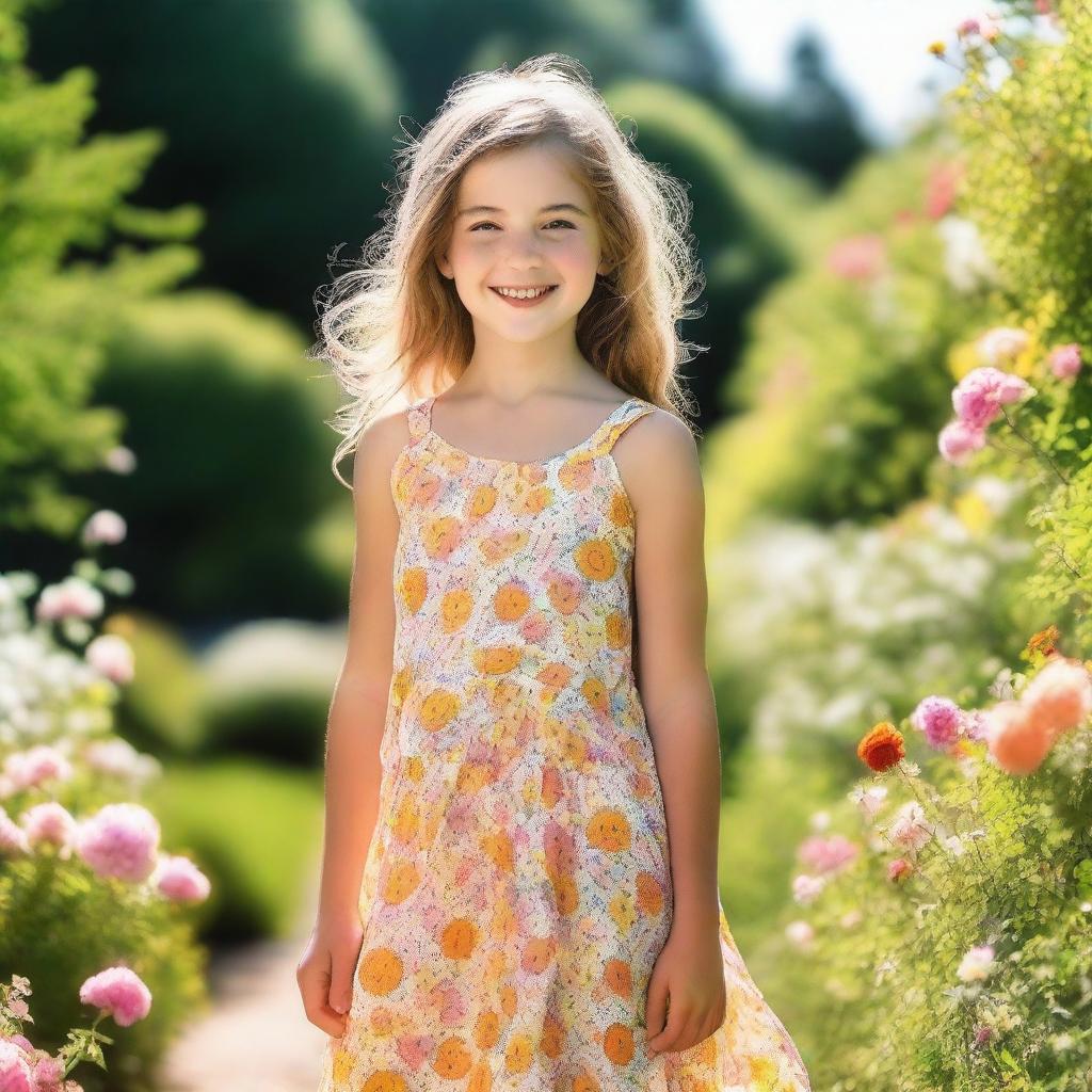 A young girl wearing a sundress, standing in a beautiful garden filled with blooming flowers