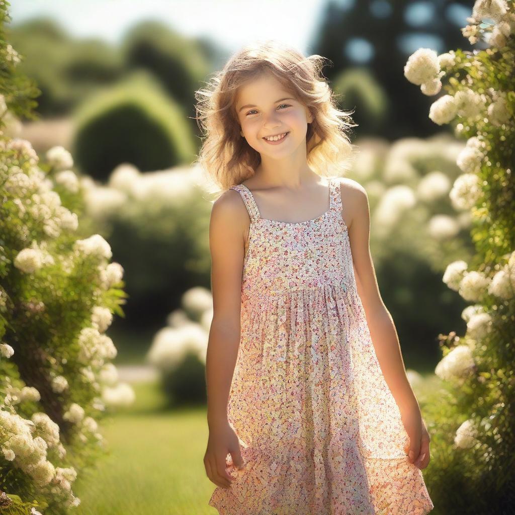 A young girl wearing a sundress, standing in a beautiful garden filled with blooming flowers