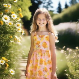 A young girl wearing a sundress, standing in a beautiful garden filled with blooming flowers