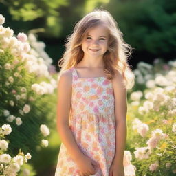 A young girl wearing a sundress, standing in a beautiful garden filled with blooming flowers