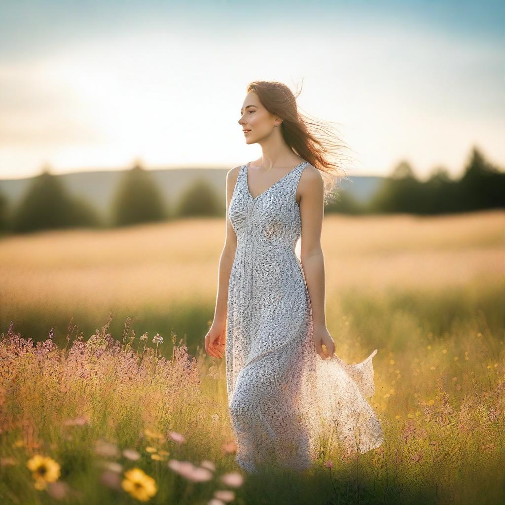 A woman wearing a sundress, standing in a picturesque meadow with wildflowers in full bloom