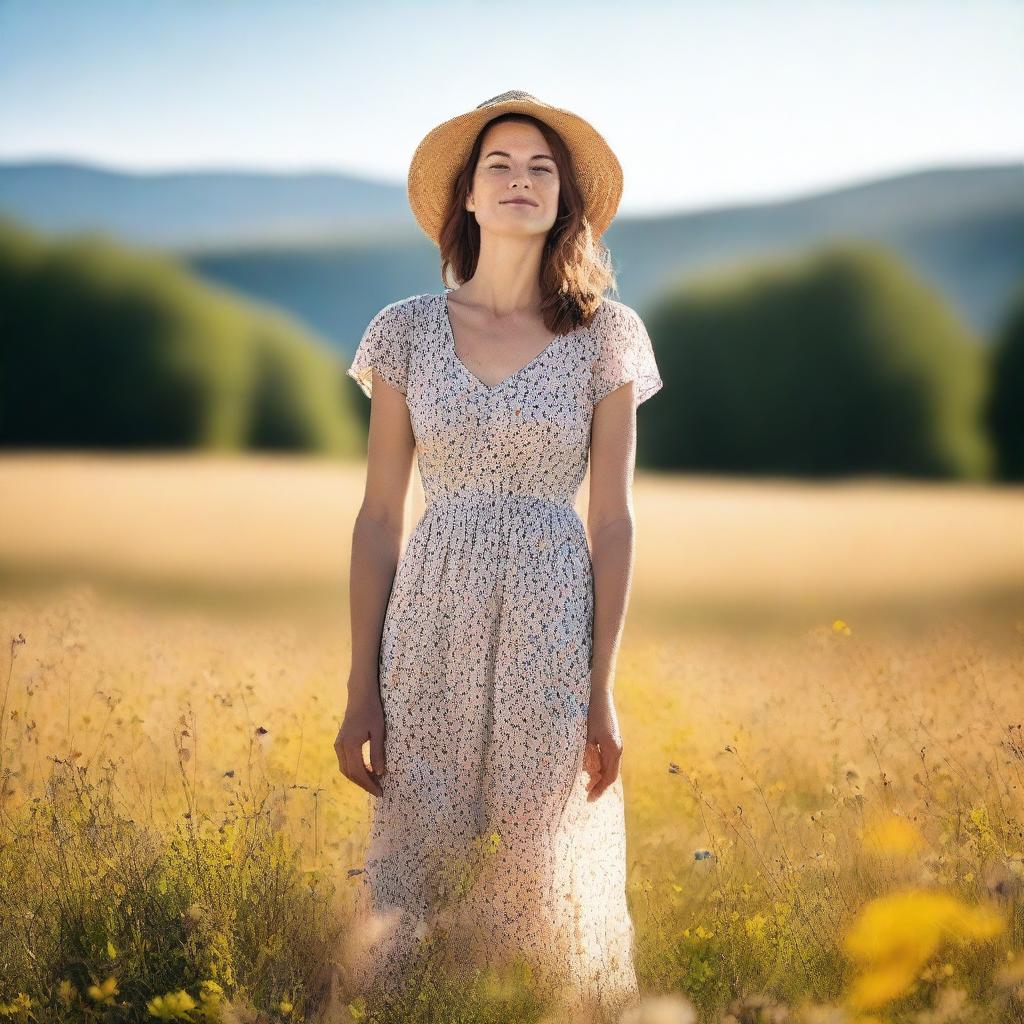 A woman wearing a sundress, standing in a picturesque meadow with wildflowers in full bloom