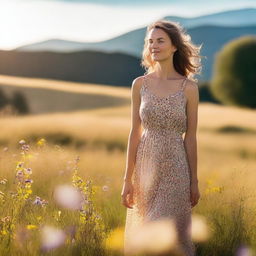 A woman wearing a sundress, standing in a picturesque meadow with wildflowers in full bloom