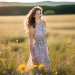 A woman wearing a sundress, standing in a picturesque meadow with wildflowers in full bloom