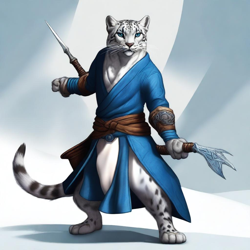 A male snow leopard tabaxi rogue with two tails, standing in a dynamic pose